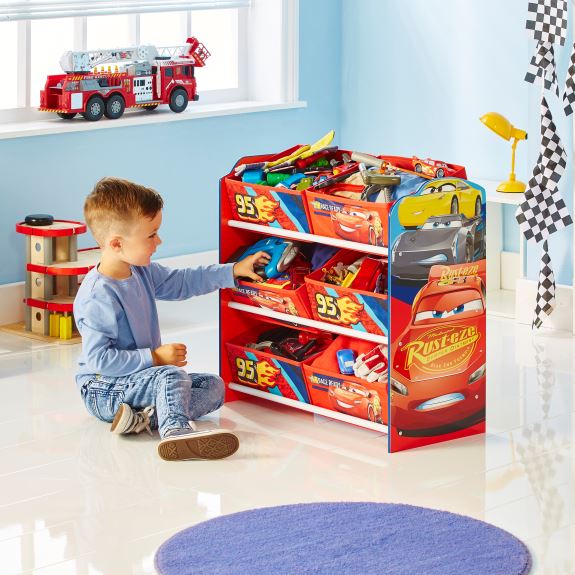 Disney Cars Lightning McQueen Kids Bedroom Toy Storage Unit with 6 fabric storage boxes